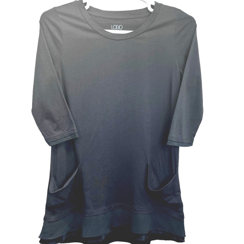 LOGO Lori Goldstein Black Tunic Top Sz S Layered Chiffon Hem Pockets Minimalist